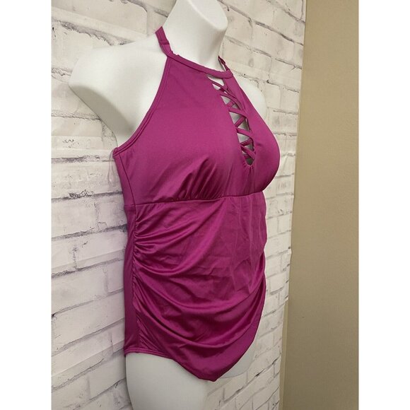 Swim By Cacique Size 16 Lightly Lined No Wire Pink High Neck One Piece Swim New - Picture 2 of 12
